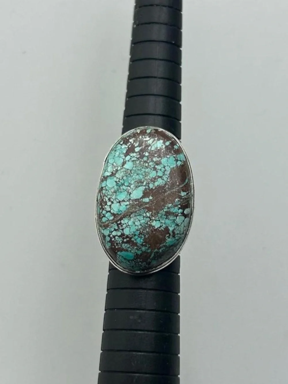 925 Silver Turquoise Matrix Oval Ring - Blue-Green and Brown